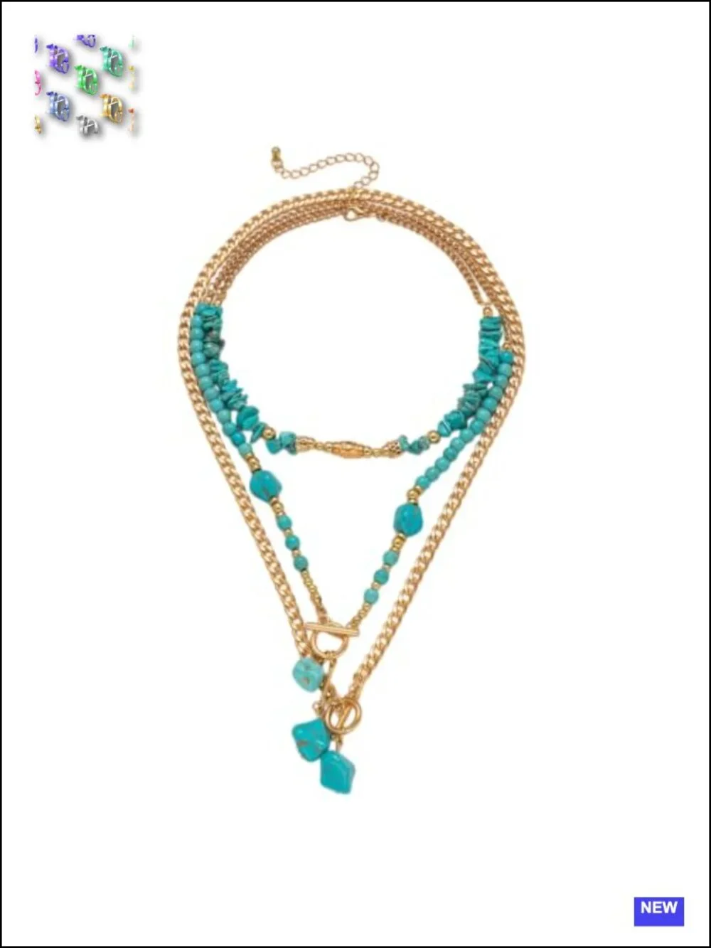 Chunky Boho Western Layered Necklace - Turquoise Beaded Pendant with Gold Chain